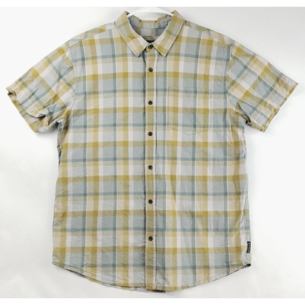 Prana Shirt Mens Large Blue White Yellow Plaid 100% Organic Cotton Short Sleeve